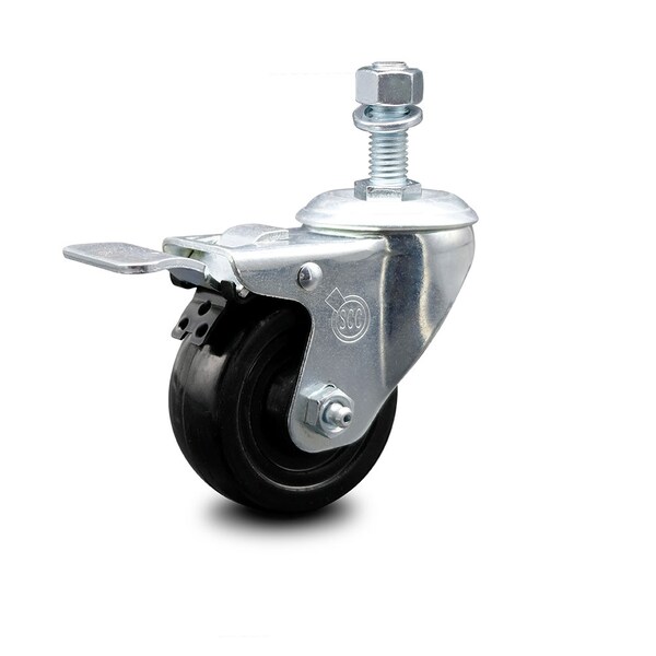 3 Inch Hard Rubber Wheel Swivel 1/2 Inch Threaded Stem Caster Total Lock Brake SCC